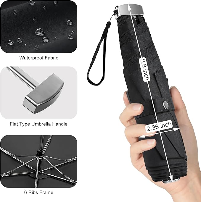 Lejorain Travel Mini Umbrella for Purse - Black Compact Durable Cool Teflon Light Weight Flat Backpacking Umbrella Portable Paraguas