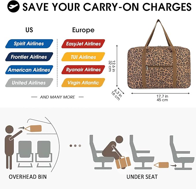 WANDF For Spirit Airlines Personal Item Bag 18x14x8 Travel Duffel Bag Underseat Foldable Carry-on Luggage for Women