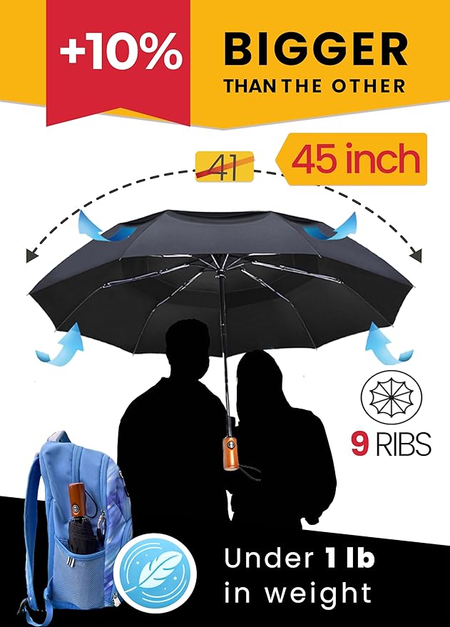 Raintrend Windproof Travel Umbrellas for Rain Automatic +10% Bigger Canopy Strong Frame Compact Folding Portable Umbrella for Women Men Backpack Purse