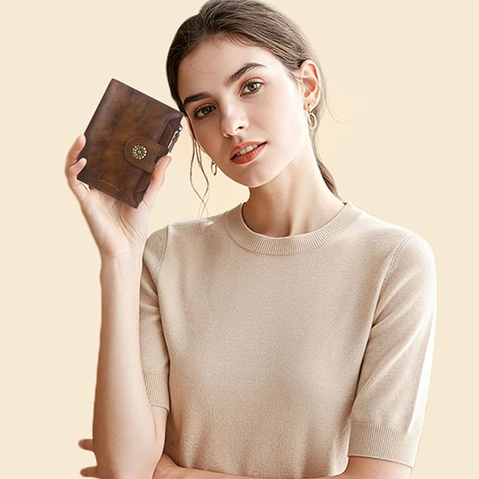 Wallet Women,RFID Blocking Leather Womens Wallet Bifold Compact Card Holder Small Wallet for Women with Removable ID Window Darkbrown