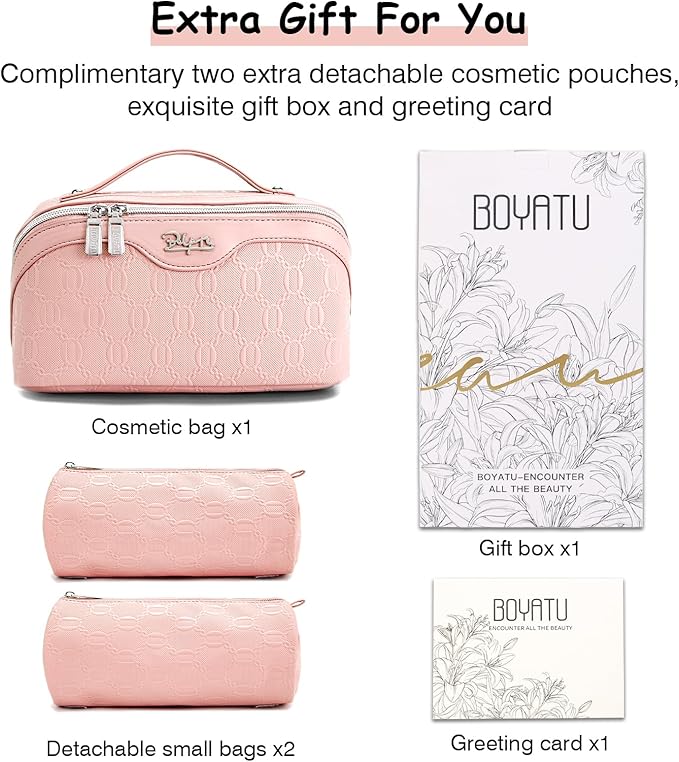BOYATU Travel Makeup Bag for Women: Cosmetic Organizer Bag with Compartments - Leather Make up Bags Set of 3 (G-3-Pink)