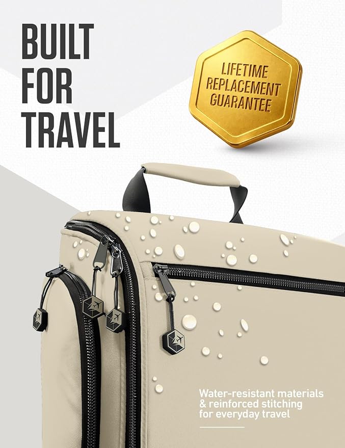 VENTURE 4TH Hanging Travel Toiletry Bag for Women & Men – Large Toiletry Organizer with 18 Compartments, Removable TSA Pouch, Travel Wash Bag for Toiletries, Makeup & Shaving Kit (Beige)