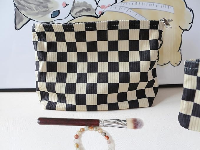 HAPPYHEIDI Checker Corduroy Makeup Bag Women Cosmetic Toiletry Travel Pouch Office Desk Organizer, Vintage Black White Block
