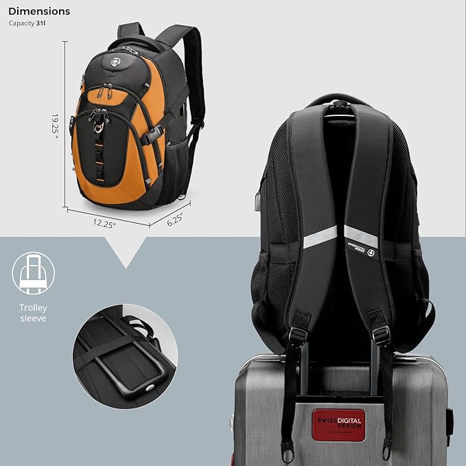 Swissdigital Design Laptop Backpack with USB Charging Port, Travel Backpack Fits 15.6 inches Computer, 31L College School Backpack for Men, Orange/Black | SD803-66