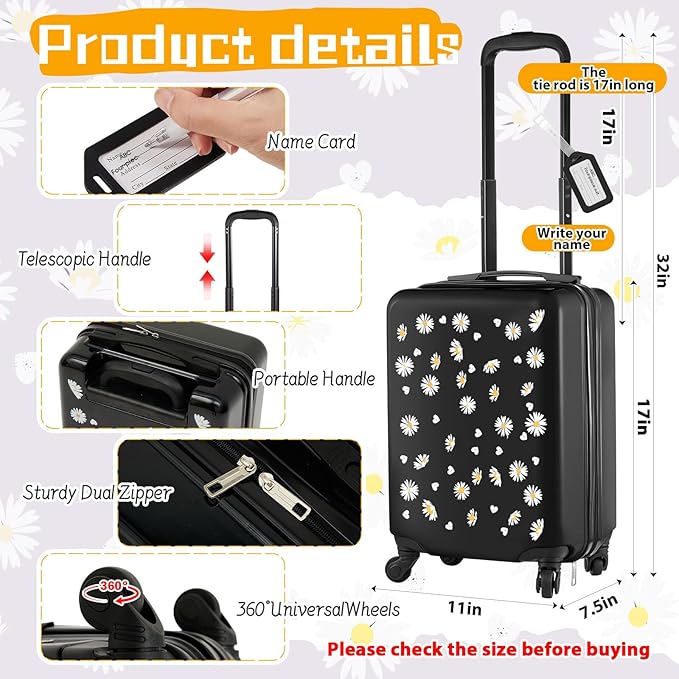 Redbaker 17 Inch 6 Pcs Kids Luggage Set Kids Rolling Luggage Double Pattern Suitcase for Boys Girls (Black, Daisy Style)