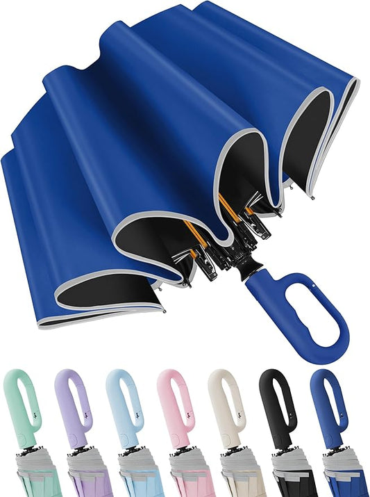 Seniny Travel Umbrella with Carabiner Handle, Windproof Large Umbrellas for Rain with Dual-Rib Structure, Portable Compact Umbrella with Reflective Strip, Car Backpack UV Umbrellas for Sun Protection