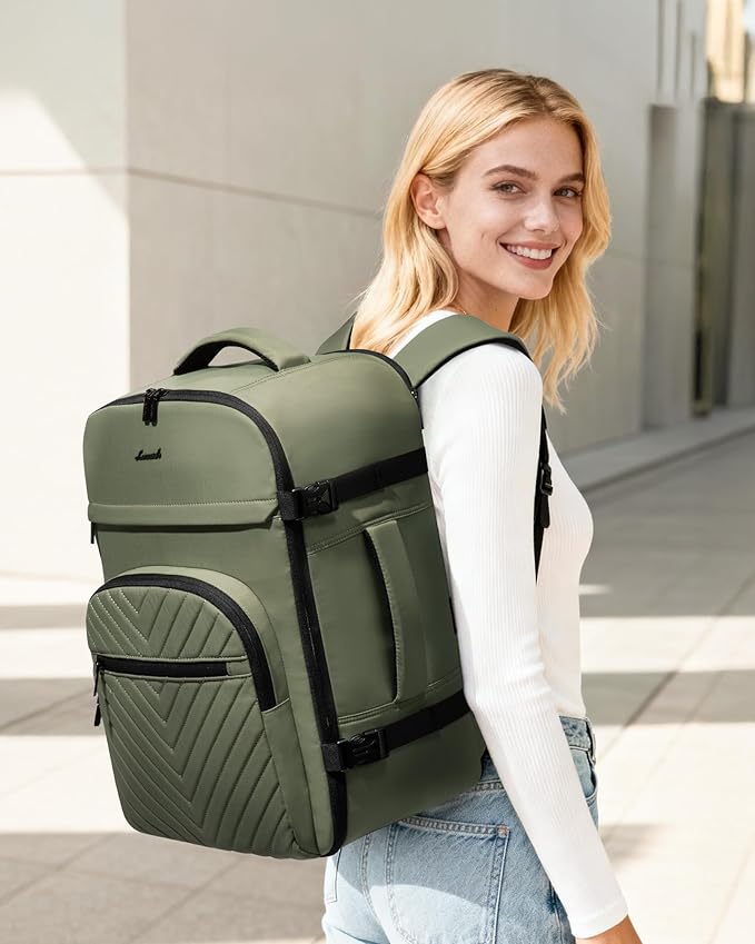 LOVEVOOK 40L Travel Backpack for Women Men, TSA Personal Item Travel Bag Fits 17.3inch Laptop, Waterproof Airline Approved Carry On Luggage With 2 Cubes for Weekender Hiking Business, Army Green