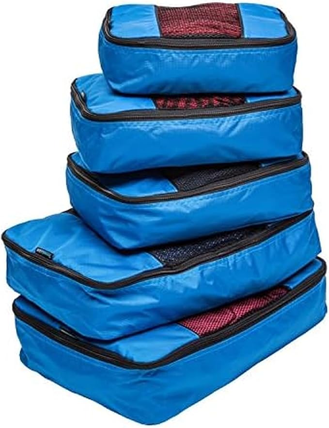TravelWise 5 Piece Packing Cubes Set, Lightweight Luggage Organizer with Mesh Panels and 2 Way Zippers, Includes Small, Medium and Large Cubes for Travel, Blue