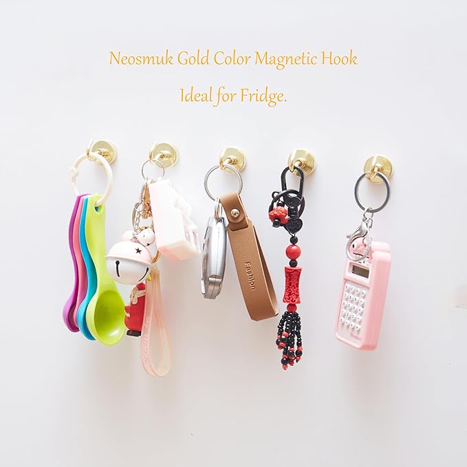 Neosmuk Magnetic Hooks,Heavy Duty Earth Magnets with Hook for Refrigerator, Extra Strong Cruise Hook for Hanging, Magnetic Hanger for Curtain, Grill(Gold, 6 Pack)