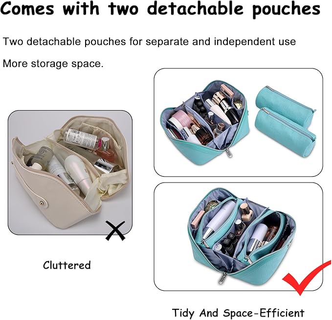 BOYATU Checkered Travel Makeup Bags: Vacation-Ready Light Blue Large Capacity Cosmetic Bag for Women - 3 Pcs Set Toiletry Organizer with Waterproof Leather - Easy to Clean Beach Trip Essential