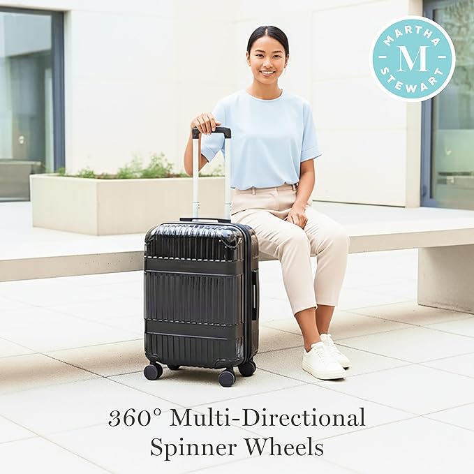 Martha Stewart The Bedford 22 Inch Carry On Luggage, Hardshell Rolling Suitcase with Spinner Wheels, Black