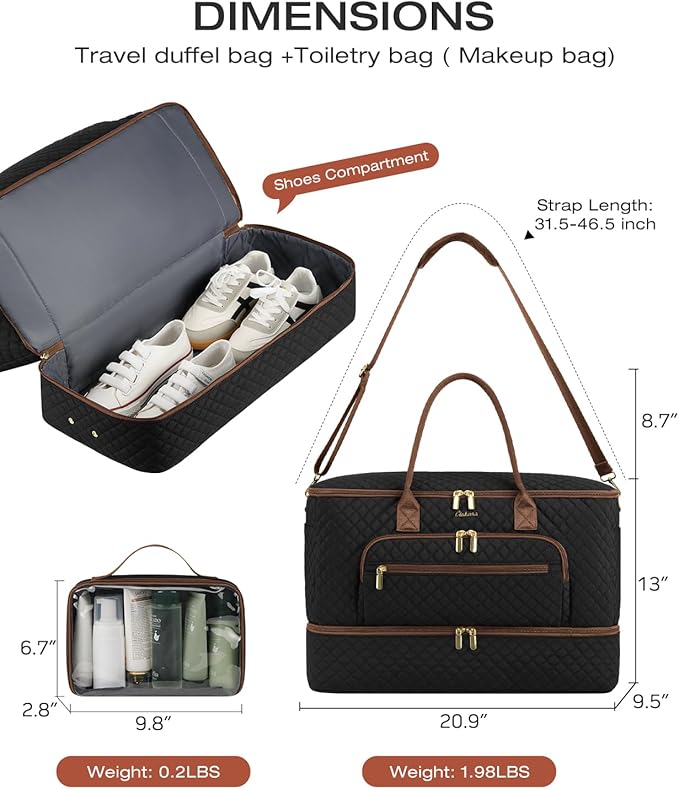 Travel Duffle Bag, Wide Open Large Weekender Bag for Women with Shoe Compartment, Carry on Overnight Bags with Toiletry Bag, Hospital Bag for Women Labor Delivery with Wet Pocket (Black Brown)