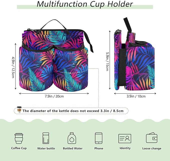 DOMIKING Tropical Palm Leaf Travel Luggage Cup Holder for Suitcase Free Hands Drink Carrier with Storage Pockets for Beverages Bottles
