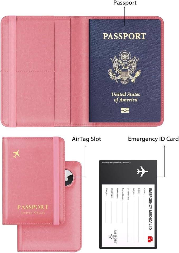 Stouchi AirTag Passport Holder, Cute Passport Holder with Airtag Slot, RFID Passport Wallet Cover for Women, Family Leather Passport Protector Case, Anti-Lost Travel Essentials, Pink
