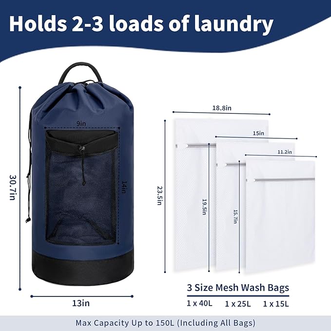 150L Laundry Bag Backpack with 3 Sizes Mesh Wash Bags and Shoulder Straps Foldable Clothes Hamper Bag with Drawstring Closure for College, Apartment, Laundromat (Navy)