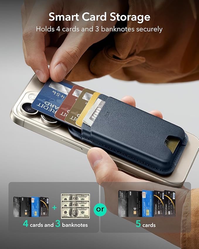 ESR for MagSafe Wallet, 5 Card Holder with RFID Blocking, MagSafe Sticker Included, Slim Magnetic Wallet for iPhone 17e/17/16/15/14/13/12 Series and Selected Samsung Devices, Not for 13/12 Mini, Blue