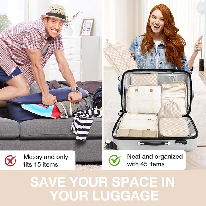 8 Set Packing Cubes for Suitcases,Packing Cube with Shoe, Cosmetics, Clothing, and Accessories Bags Packing Cubes for Travel Luggage Organizer Women Men(Khaki Grid-A)