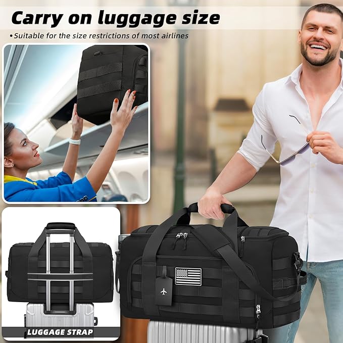 ZOMFELT Tactical Gym Bags for Men, Travel Duffle Bag with Removable Dividers & Innovative Shoe Compartment, 3-in-1 Waterproof MOLLE Gym Duffel Backpack, Airplane Carry-On Approved, Black