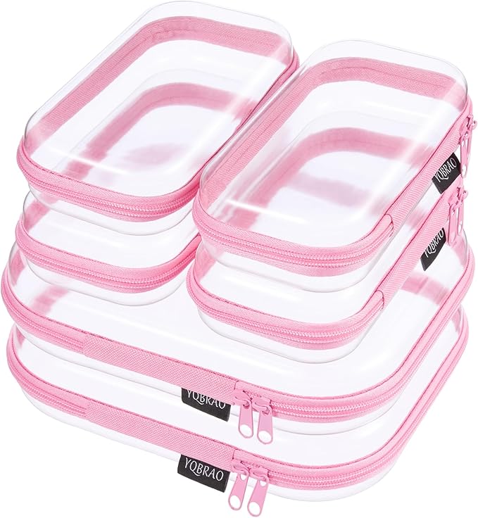 YQBRAO 6 Pack Clear Hard Shell Zipper Case, Hard Plastic Organizer Pouches for Travel, Small Items, Makeup, Electronics & Art Supplies - Crush-Resistant & Waterproof Storage (Pink)