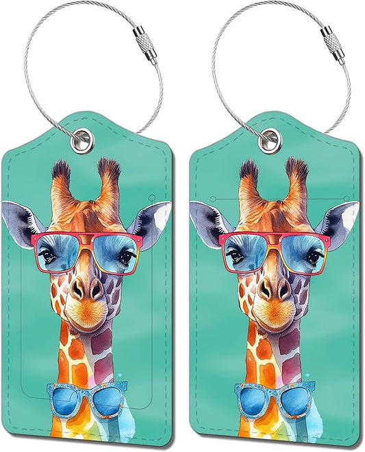 2 Pack Luggage Tag for Suitcase, Cute Unique Leather Bag Tags Identifiers Privacy Cover ID Label with Durable Steel Loop for Women Men Kids Girls Travel，GiraffeF