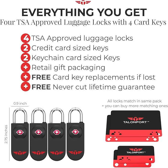 TSA Locks for Luggage – Keyless Luggage Locks TSA Approved, No Combination Needed, Lifetime Card Keys, Durable Metal Suitcase Lock for Travel Essentials & Checked Bags (Black, Four Pack)
