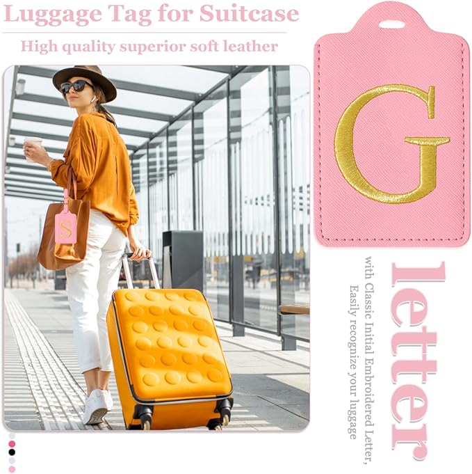 Personalized Initial Luggage Tags for Suitcases,Leather Letter Cute Luggage Tags with Privacy Name Card,Embroidered Monogrammed Travel Bag Backpack Tag Gifts for Women Kids Girls Teens(Pink-G)