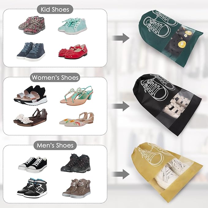 10 Pcs Portable Travel Shoe Bags, 17.3 x 12.6 Inches Waterproof Non-Woven Shoe Organizers Storage Bags, Large Drawstring Shoes Pouch Packing Organizers with Rope for Men, Women, Children