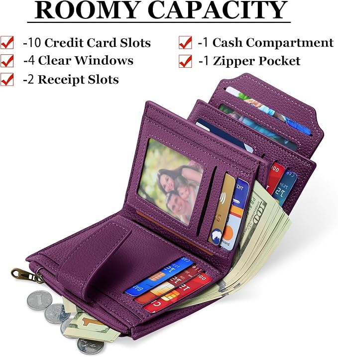 Airkit Small Wallet Women RFID Blocking Soft Leather Bifold Compact Card Holder Wallet for Women with Zipper Coin Pocket 4 ID Window