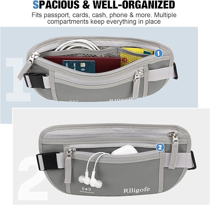 Money Belt for Travel Women and Men Hidden - Slim RFID Blocking Travel Wallet with Secure Anti-Theft Pouch, Passport Holder for Passport, Credit Cards, Cash Under Clothes
