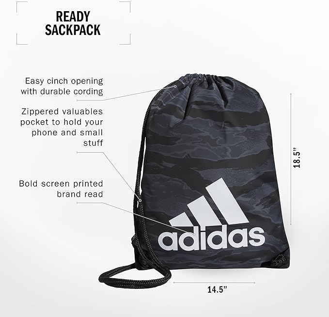 adidas Ready Sackpack – Drawstring Backpack Lightweight Small Gym Bag