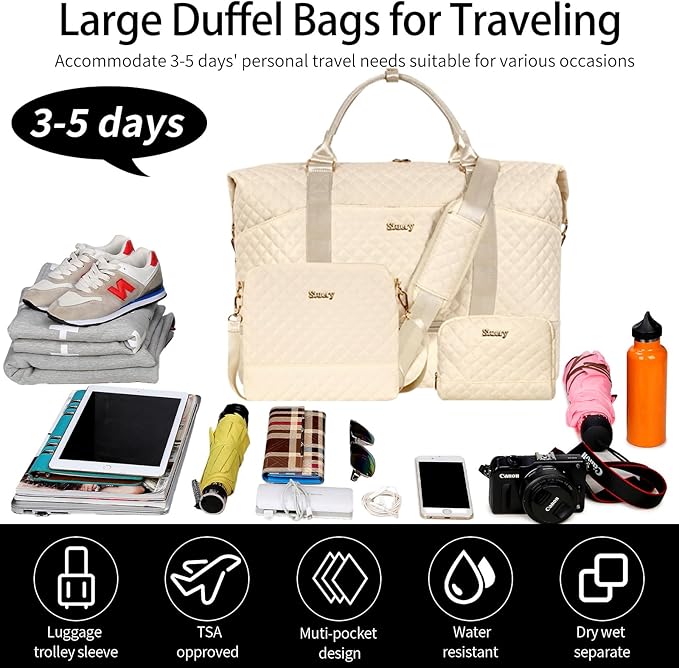 Weekender Bag, Large Travel Duffel Bag for Women, Carry on Overnight Bag with Shoe Compartment and Toiletry Bags