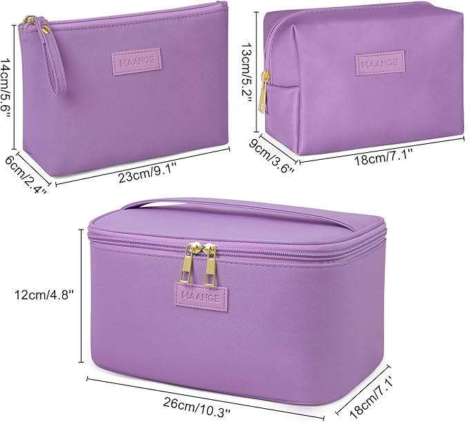 MAANGE Travel Makeup Bag - Large Makeup Bag with 2pcs Small Makeup Bag Portable Leather Cosmetic Bag Toiletry Bag Make Up Bags for Women and Girls (Purple)