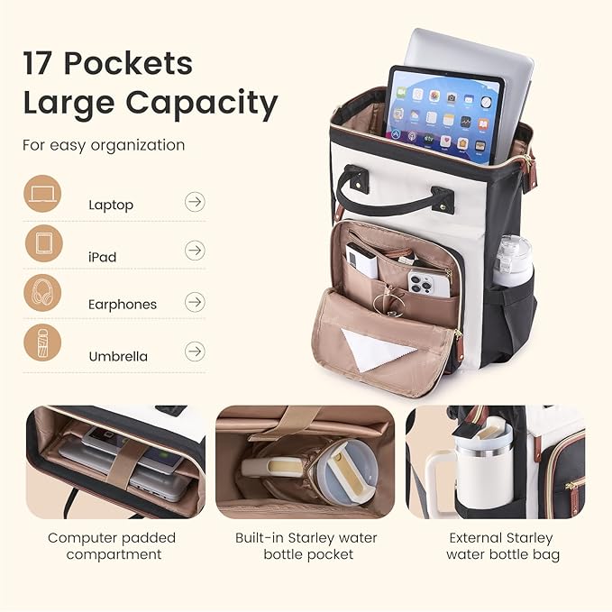 LOVEVOOK Laptop Backpack for Women Work Bag with Large Capacity Cup Side Pocket, 15.6 Inch Waterproof Computer Backpacks (Black-grey, 15.6INCH)
