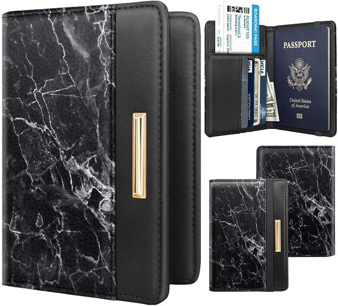 Passport Holder Cover,Traveling Passport Case Cute Marble Passport Wallet for Women,Black Marble