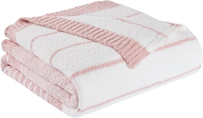 Throw Blanket, Pink White Soft Cozy Fluffy Striped Throw Blankets for Couch, Sofa, Bed, Chair, Warm Fuzzy Plush Lightweight Decorative Stripe Blanket, 50x60 inches