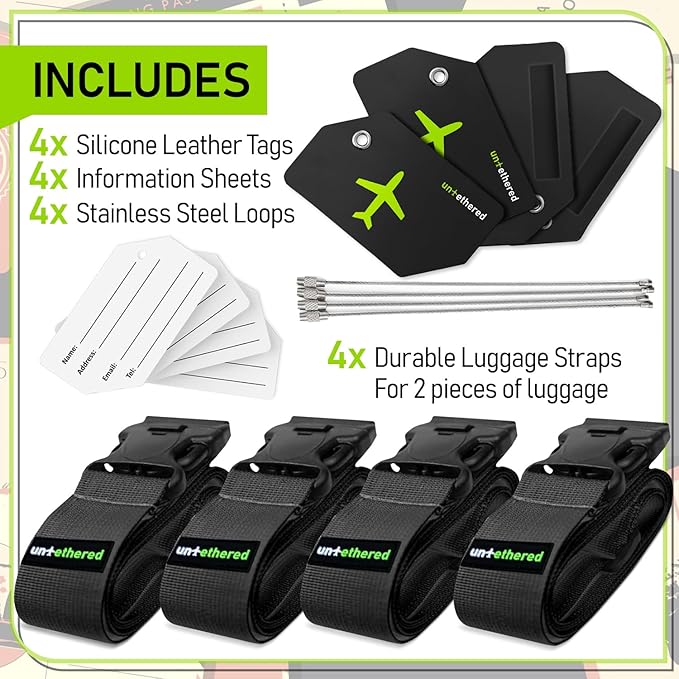 Untethered 4-Pack Luggage Tag Set | Durable Luggage Tags for Suitcases & Travel Bags | Bag Tag & Name ID Identifiers | Suitcase Tags for Easy Luggage Identification