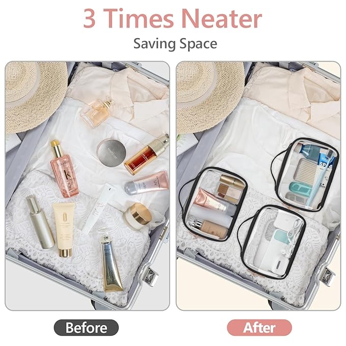 PACKISM Stylish TSA Approved Toiletry Bag Set, Floral Lace, Clear Makeup Bag with Handle, 1 TSA Medium & 1 Large for Travel, Gift for Women, Black
