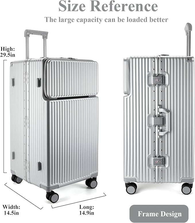 feilario 30in Super Large Captain Aluminum Frame Hardside Spinner Wheels Luggage, Zipperless Checked Suitcase with Front Compartment/Cup Holder/Phone Holder (Silver,30in)