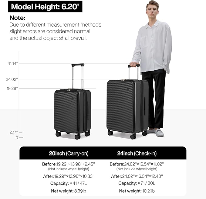 mixi 20 Inch Expandable Carry On Luggage PC Hard Shell Suitcase Top Opening Rolling Travel Suitcases with Spinner Wheels & TSA Lock, Black
