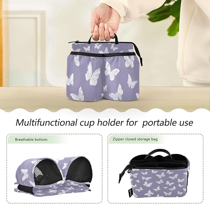Luggage Cup Holder for Suitcases Free Hands Travel Cup Holder Portable Suitcase Cup Drink Holder Luggage Cup Caddy Bag Carrier White Butterfly
