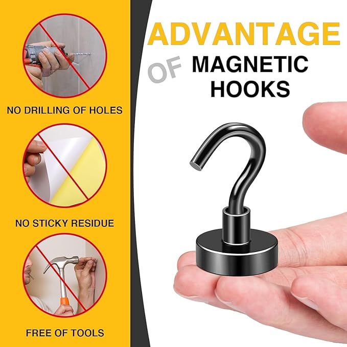 DIYMAG Black Magnetic Hooks, 50 LB Heavy Duty Strong Magnets with Hooks, Rare Earth Neodymium Magnetics Hooks for Cruise Cabins Cruise Ship Essentials 8 Packs