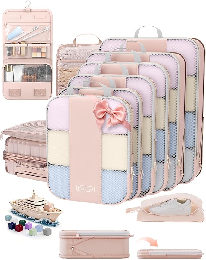 10 Set Compression Packing Cubes for Travel Gifts Women Mom,OlarHike Luggage Clothes Organizer for Travelers,Airplane/Cruise/Car/Train Travel Essentials,Compressible Expandable Saver Space Bags(Beige)