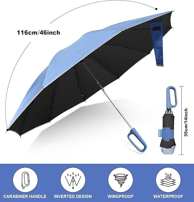 QWB TUMAAOTU Inverted Umbrella with Carabiner Handle, Compact Wind Proof Umbrellas For Rain and Sun Protection, Portable Reverse Folding Umbrella, Car Umbrella for Women Men, 10 Ribs