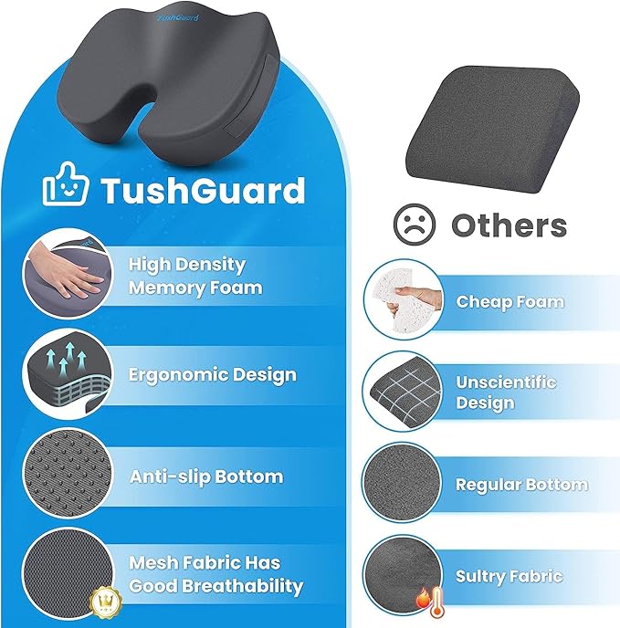 TushGuard Seat Cushion, Office Chair Cushions, Car Seat Cushion, Non-Slip Sciatica & Back Coccyx Tailbone Pain Relief Chair Pad, Memory Foam Butt Pillow for Computer Desk, Office(Gray, XXL)