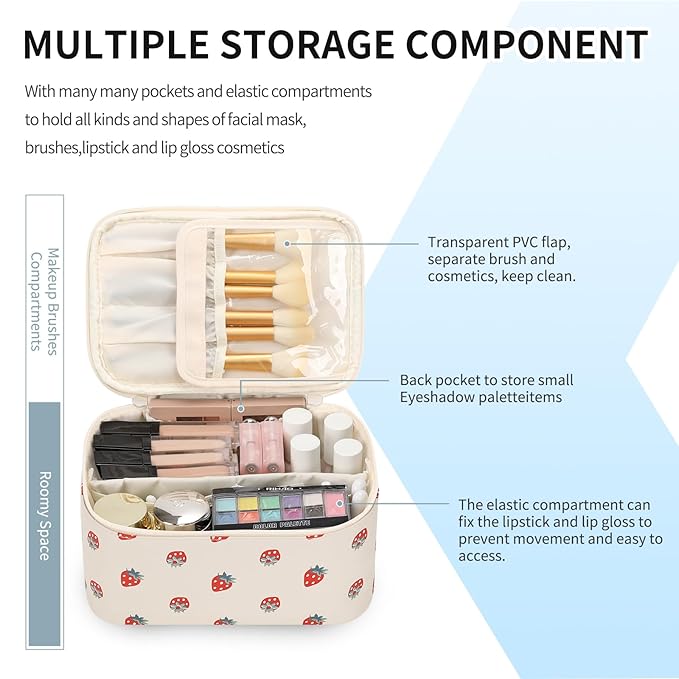 OCHEAL Makeup Bag,Travel Makeup Organizer Bag, Large Capacity Cosmetic Bags For Women Large Travel Toiletry Bag Girls Traveling With Brush Slot And Divider-PU Strawberry