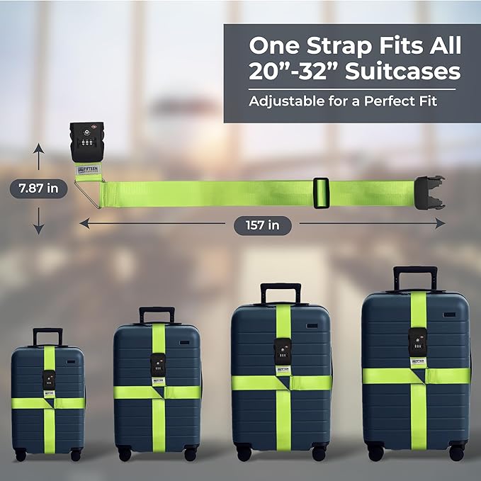 Nylon Luggage Straps for Suitcases | TSA Approved Adjustable Strap w/ 3-Digit Combo Lock | Heavy Duty Belt for 20-32 Inch Suitcases | Travel Luggage Belt Strap for Easy Identification (Neon Green)