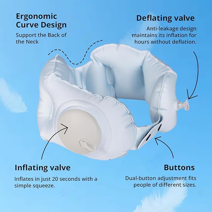 Ultralight Inflatable Travel Neck Pillow Press to Inflate Leak-Proof Design Compressible Adjustable Neck Support for Airplane Camping Driving Sleeping Business Trip Long Flights (Blue, Large)