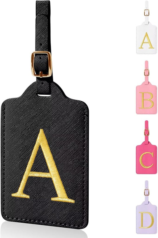 Personalized Initial Luggage Tags for Suitcases,Leather Letter Cute Luggage Tags with Privacy Name Card,Embroidered Monogrammed Travel Bag Backpack Tag Gifts for Women Kids Girls Teens(Black-A)