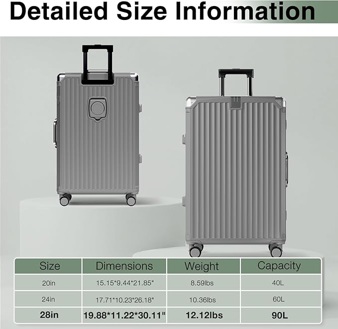Krute Aluminum Frame Luggage 28 Inch Checked Suitcase With Wheels No Zipper PC Hard Shell Suitcases with Cup Holder and Charger Zipperless Large Travel Luggage Gray