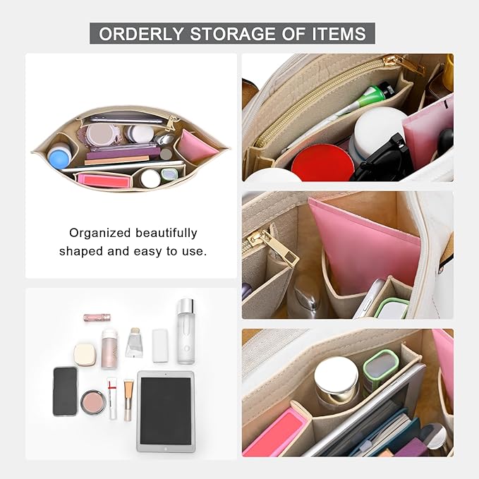 LOUKAYCCI Purse Organizer Insert for Longchamp Le Pliage M Handbag Insert Felt Long Champ Tote Bag Organizer Insert with Cup (Beige, Medium)